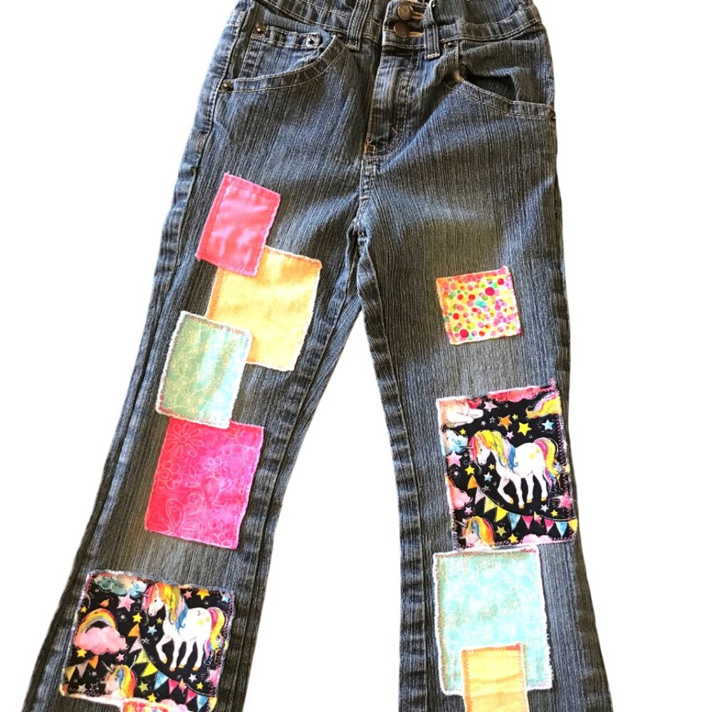Child’s Upcycled Patch Jeans, Elastic Waist, Handmade Unicorn Patchwork Size 6X